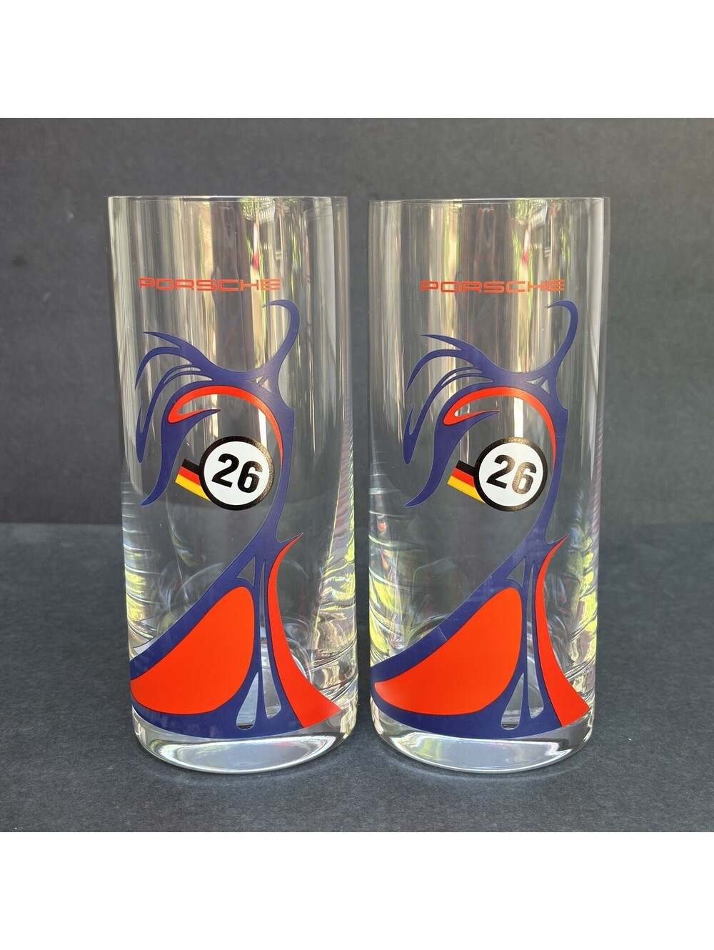 Porsche Tall Drink Glasses 911 Gt-1 Lemans Winner 98 Germany Flag Set Of 2
